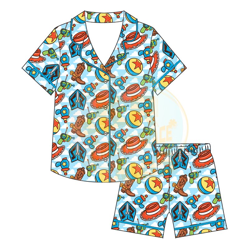 Custom summer boys and girls Short sleeve Buttons pant Baby Pajamas set cartoon print short children Clothing set