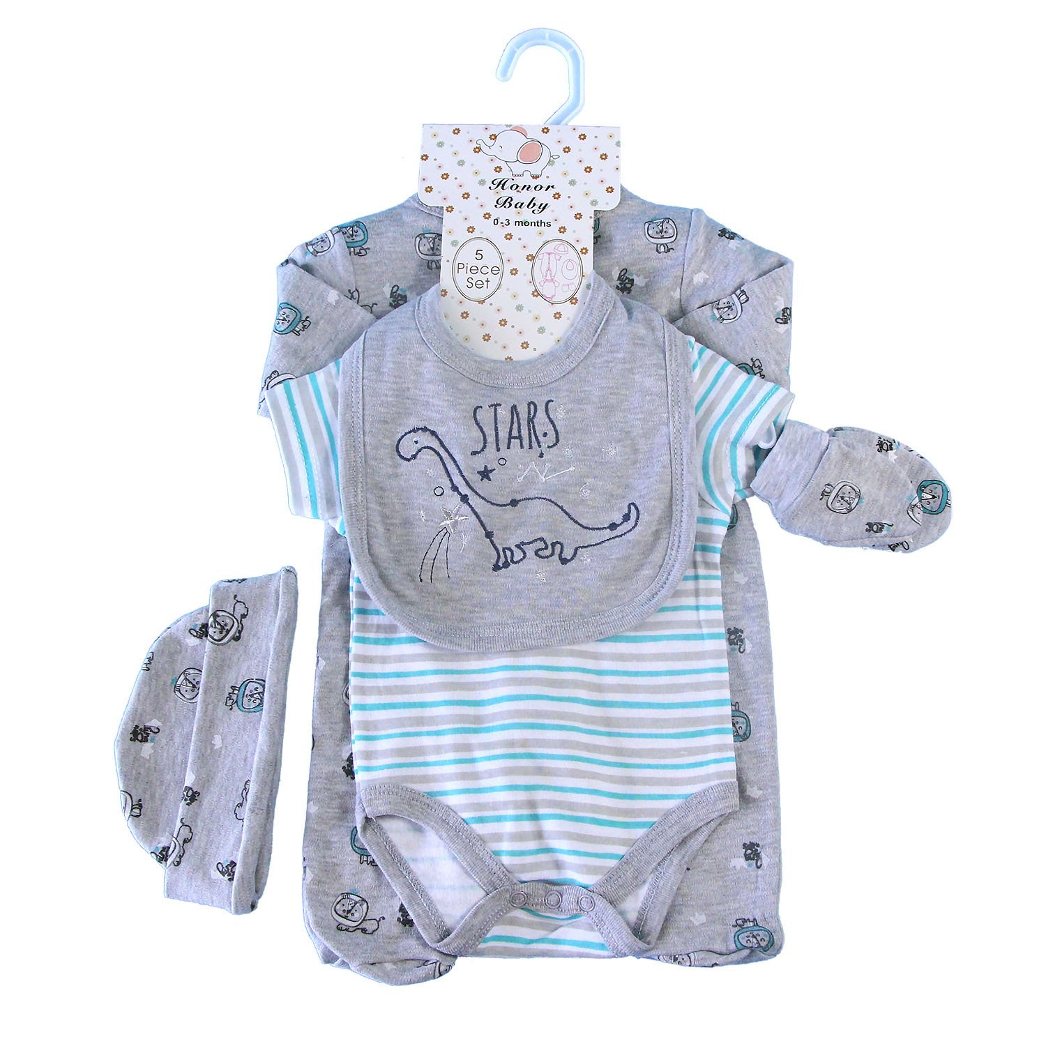 Hot Selling 100% Cotton Cartoon Printing Baby Boys 5 Piece Layette Set
