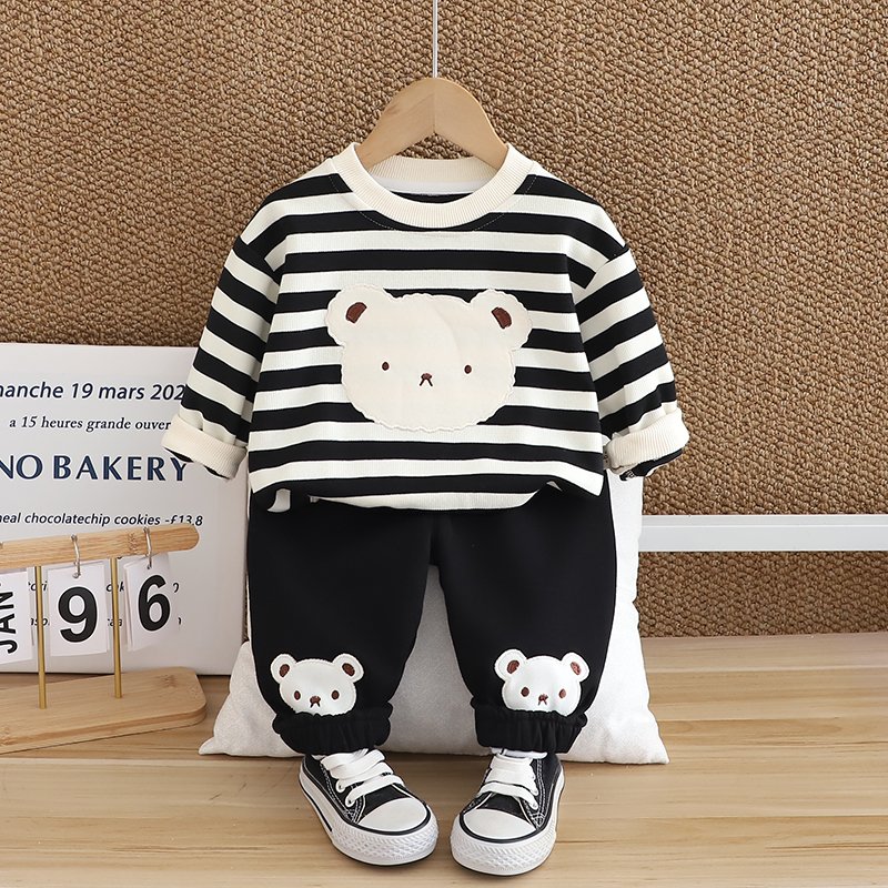 2024 Autumn/Winter Boys Clothing Set Soft Shell Cute Cartoon 3D Patterned Bear Warm Two-Piece Hoodie with Long Sleeve Children