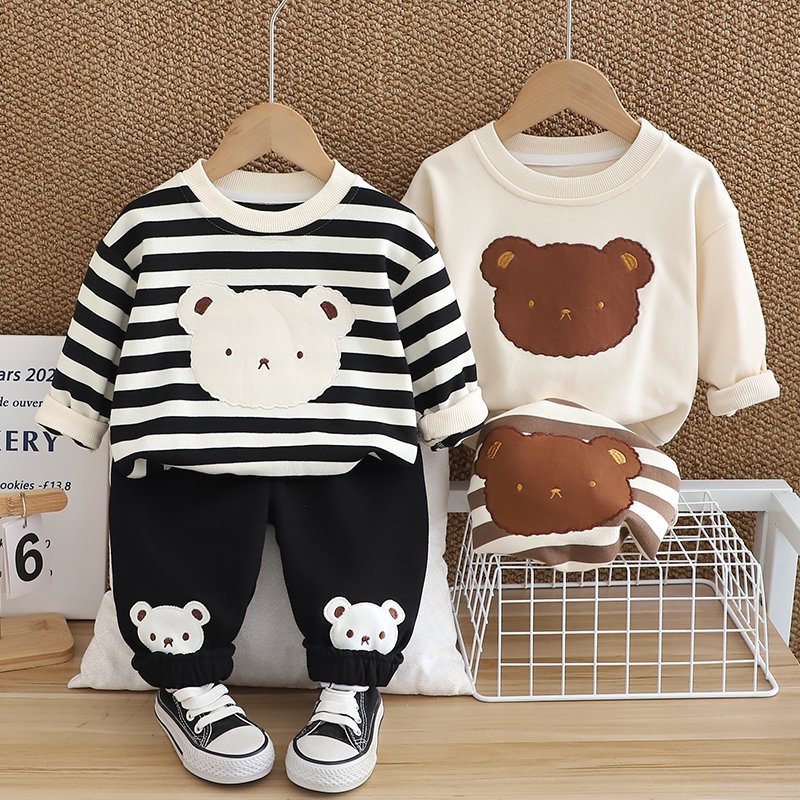 2024 Autumn/Winter Boys Clothing Set Soft Shell Cute Cartoon 3D Patterned Bear Warm Two-Piece Hoodie with Long Sleeve Children