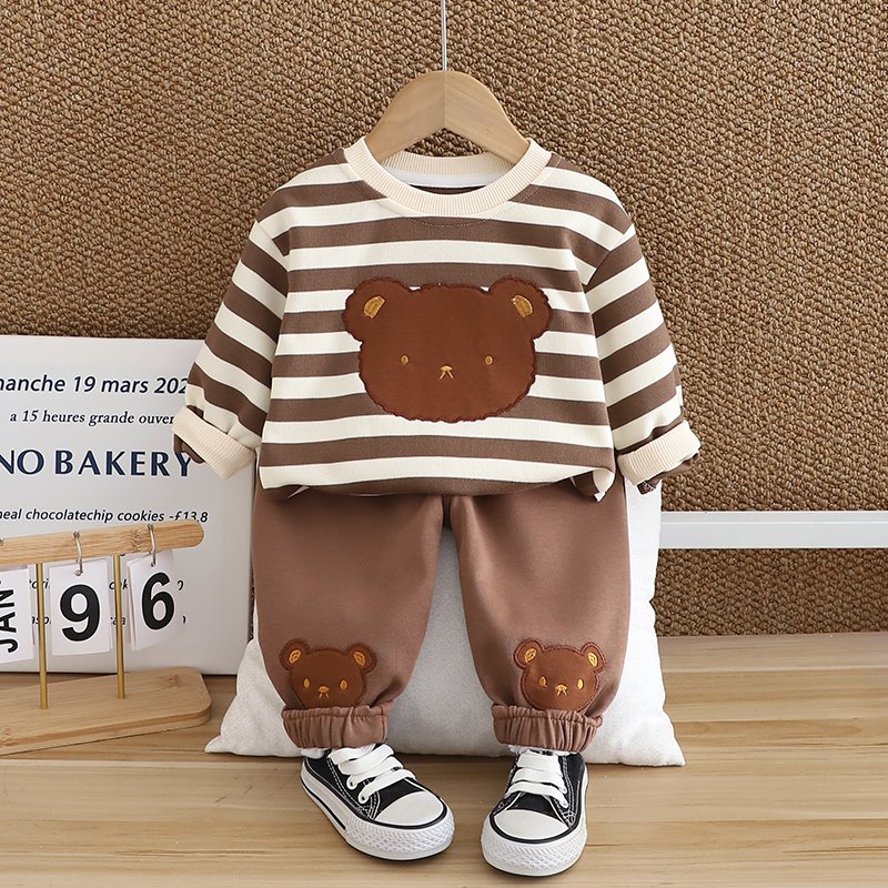 2024 Autumn/Winter Boys Clothing Set Soft Shell Cute Cartoon 3D Patterned Bear Warm Two-Piece Hoodie with Long Sleeve Children