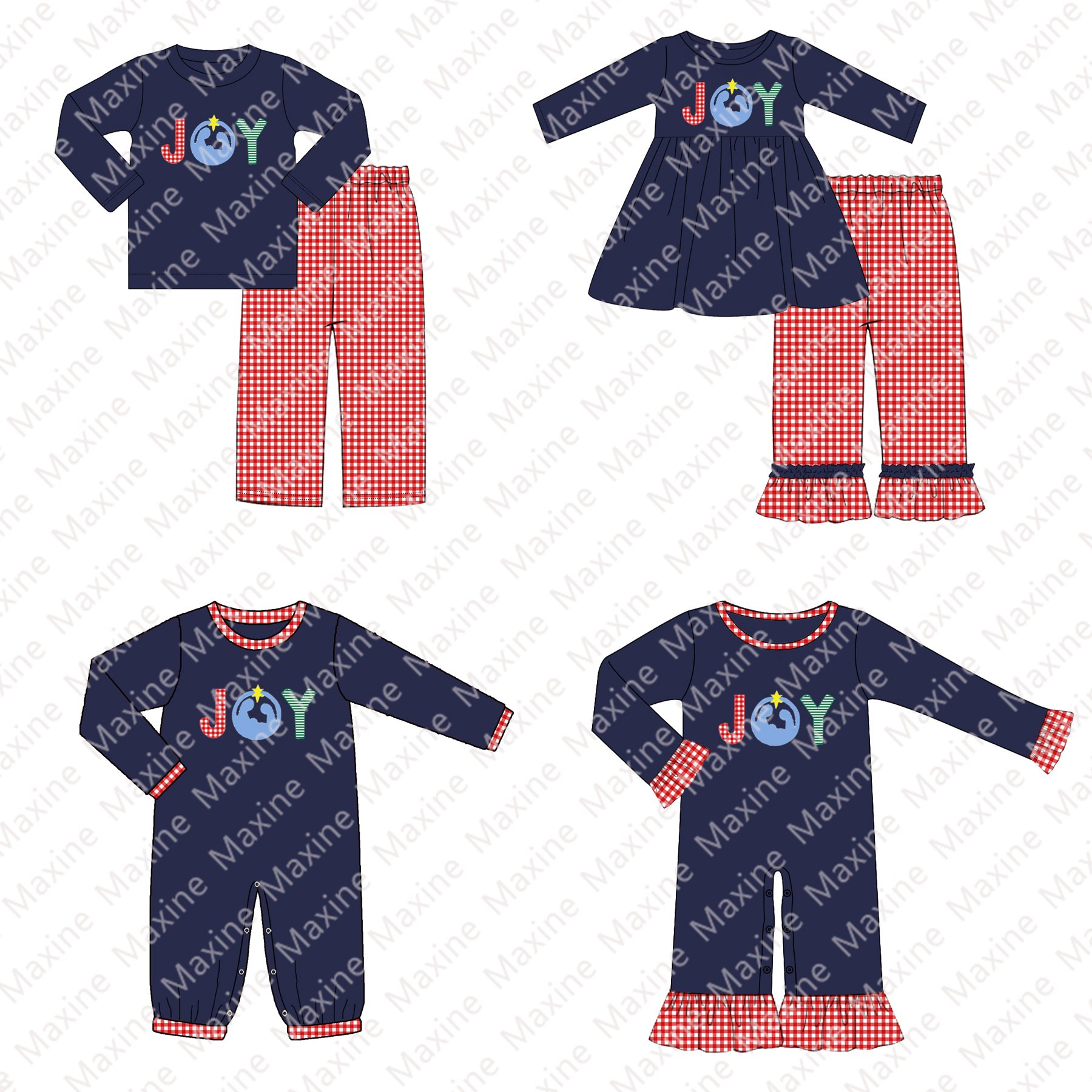 Hot sale dog truck applique red top with navy seersucker pant new Christmas boys clothing sets
