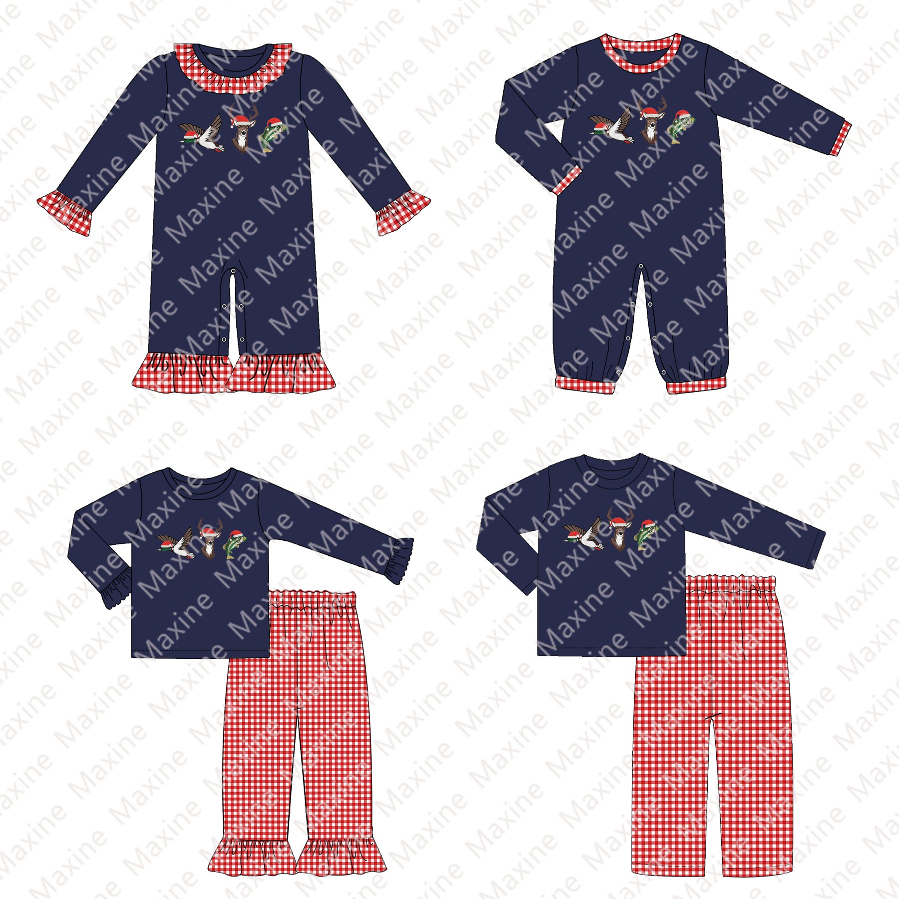 Hot sale dog truck applique red top with navy seersucker pant new Christmas boys clothing sets