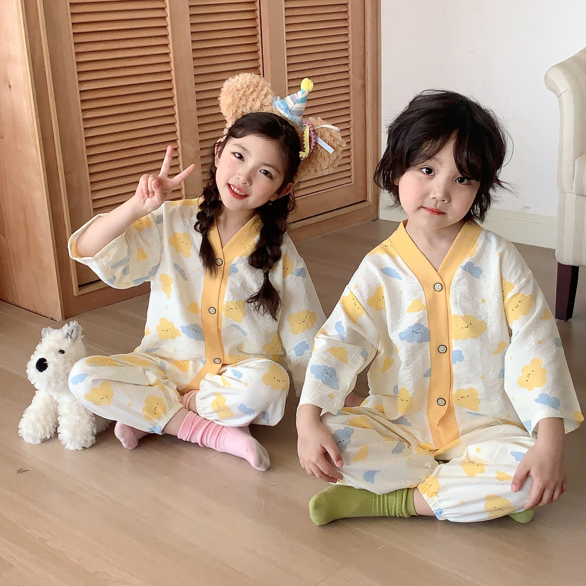 New Style Pajama For Kids Girls Set Long-Sleeved Trousers Boys Home Clothes Korean Style Air-Conditioned Clothes 2pcs Set