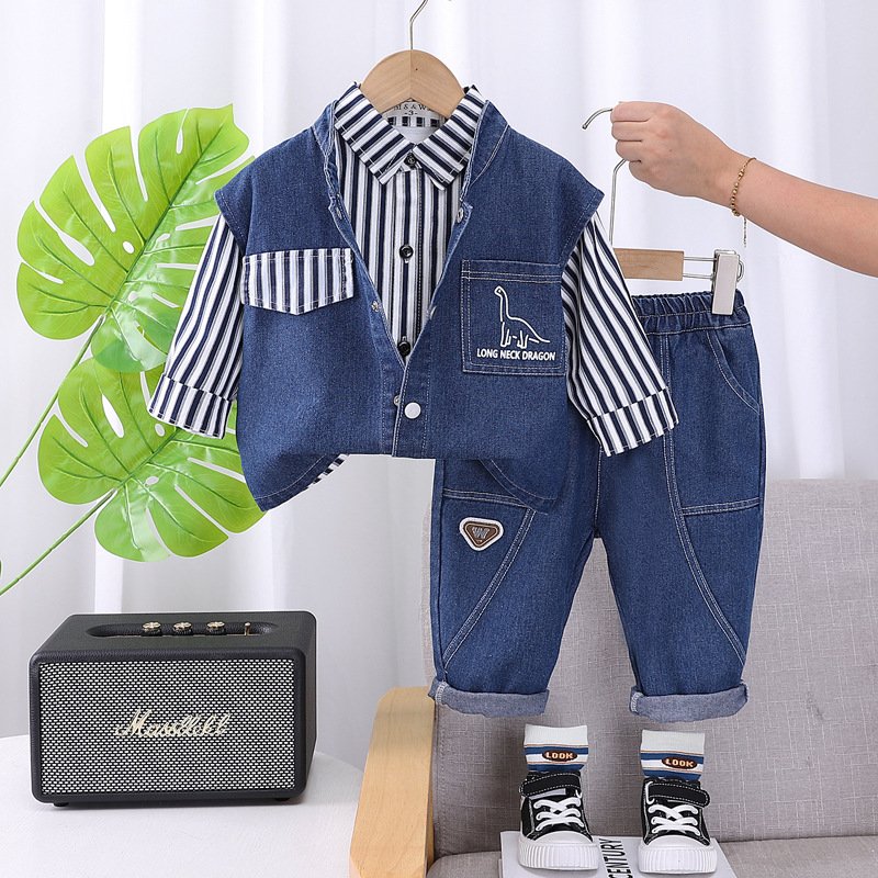 Newest Fashion Children Denim Outfits 2pcs Shirt+Shorts Striped Print Casual Boys Clothing Sets Wholesale