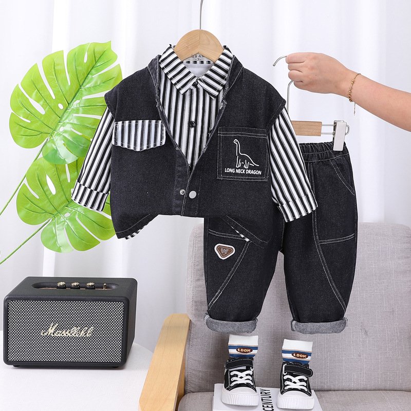 Newest Fashion Children Denim Outfits 2pcs Shirt+Shorts Striped Print Casual Boys Clothing Sets Wholesale