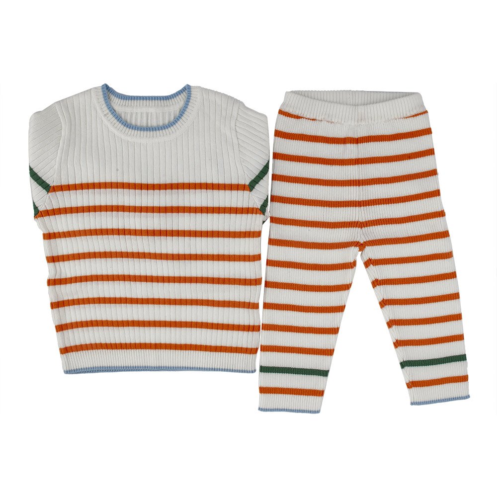 Custom knitted Baby Girl Boy Clothes Set stripe sweater thick Ribbed Cotton Baby Clothing Sets