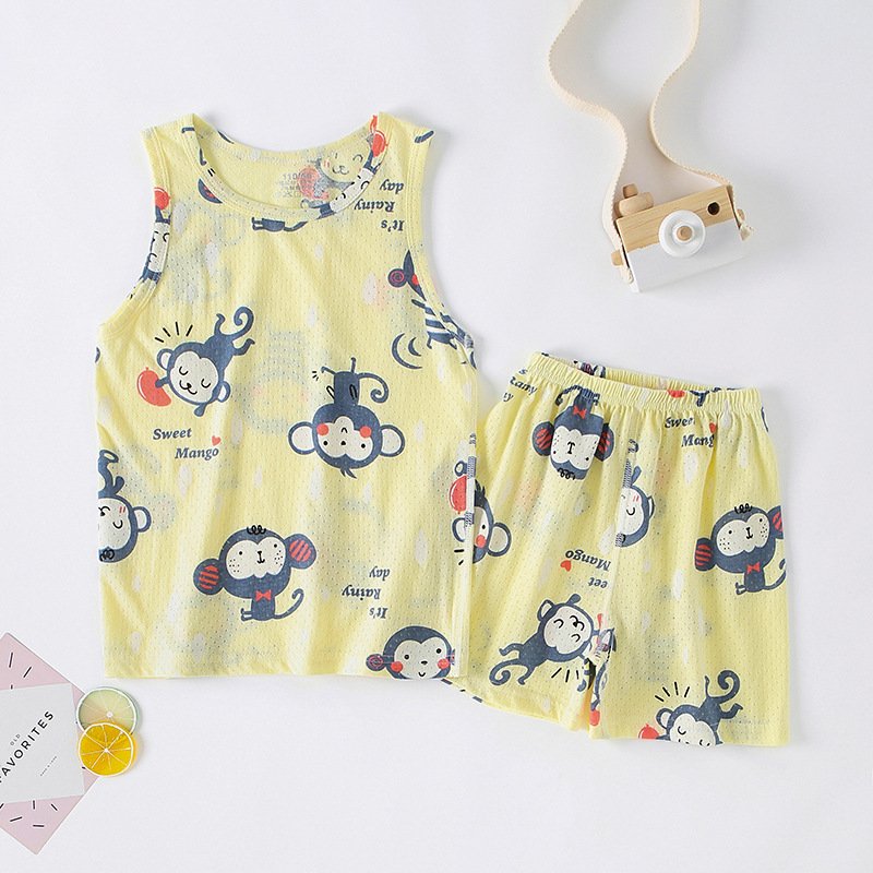 Children's vest suit summer thin boys and girls cotton mesh casual sleeveless vest shorts wholesale