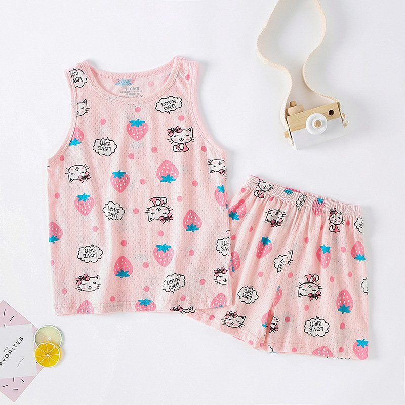 Children's vest suit summer thin boys and girls cotton mesh casual sleeveless vest shorts wholesale
