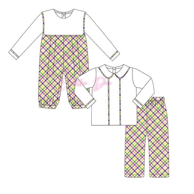 matching baby boys sets woven gingham monogram mardi gras kids outfits long sleeve children boys clothing sets