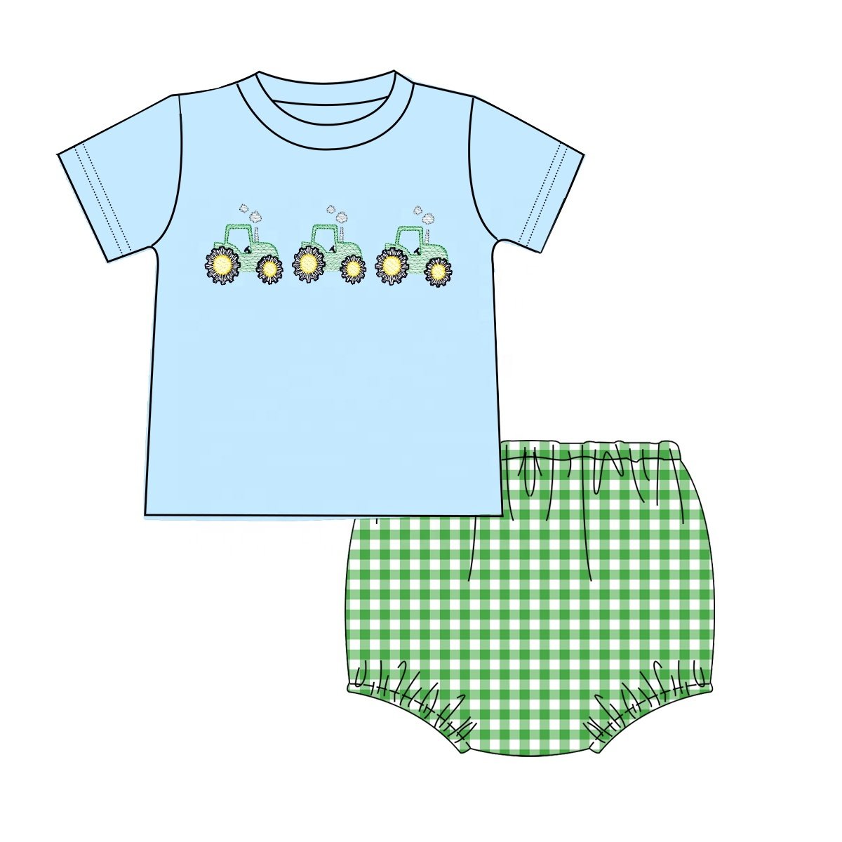 high quality kids clothes boutique children's clothing green gingham shorts summer boy clothing sets with tractor embroidery