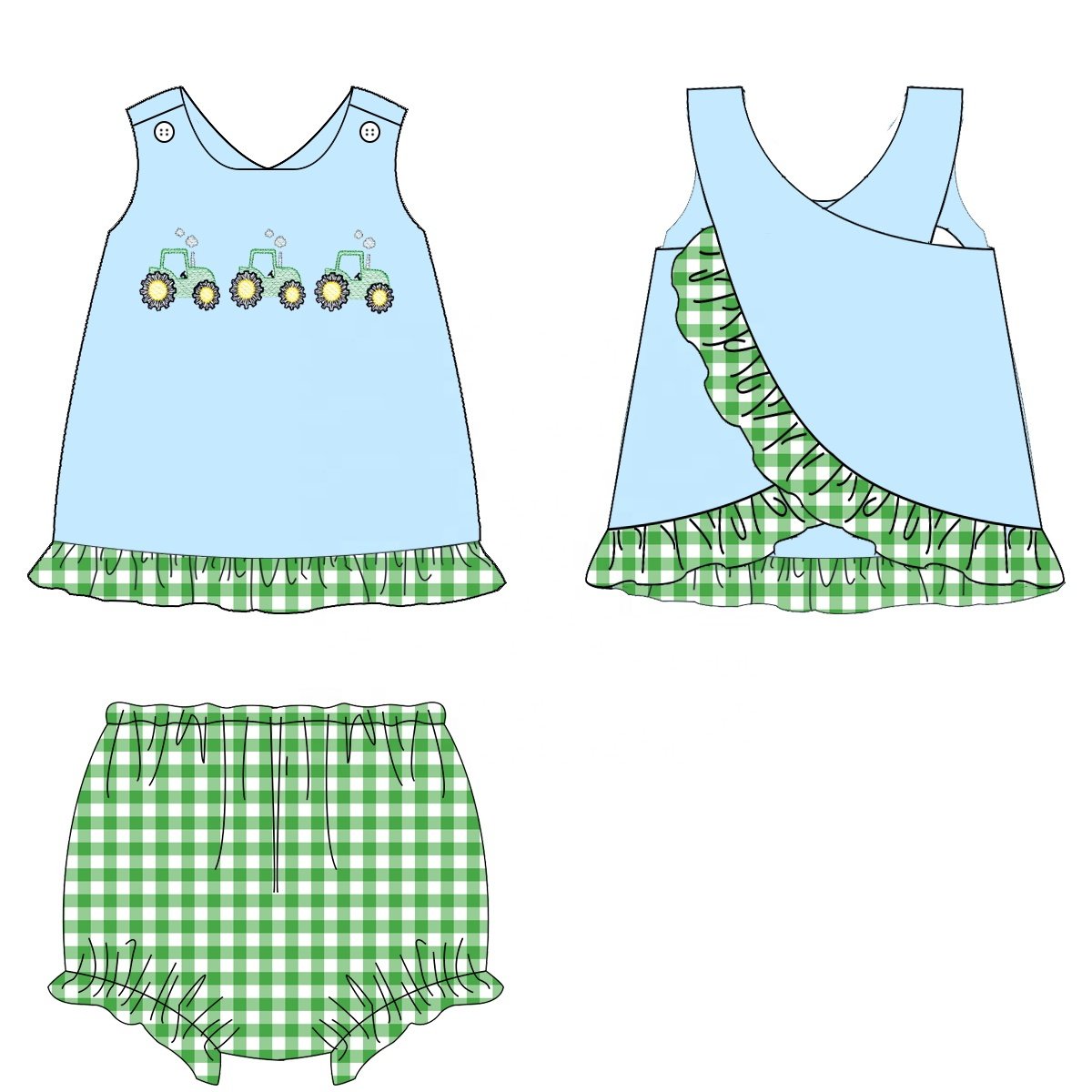 high quality kids clothes boutique children's clothing green gingham shorts summer boy clothing sets with tractor embroidery