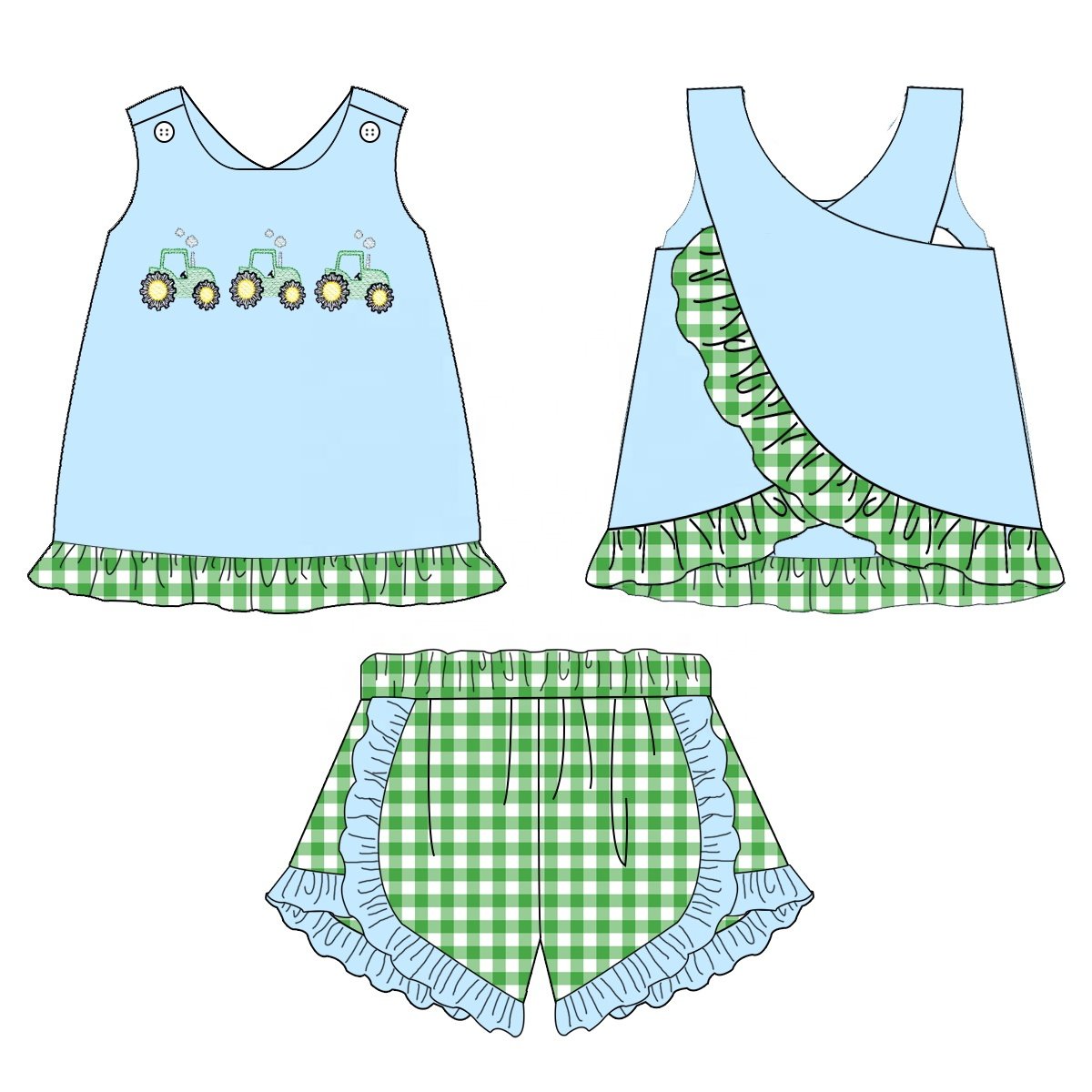 high quality kids clothes boutique children's clothing green gingham shorts summer boy clothing sets with tractor embroidery