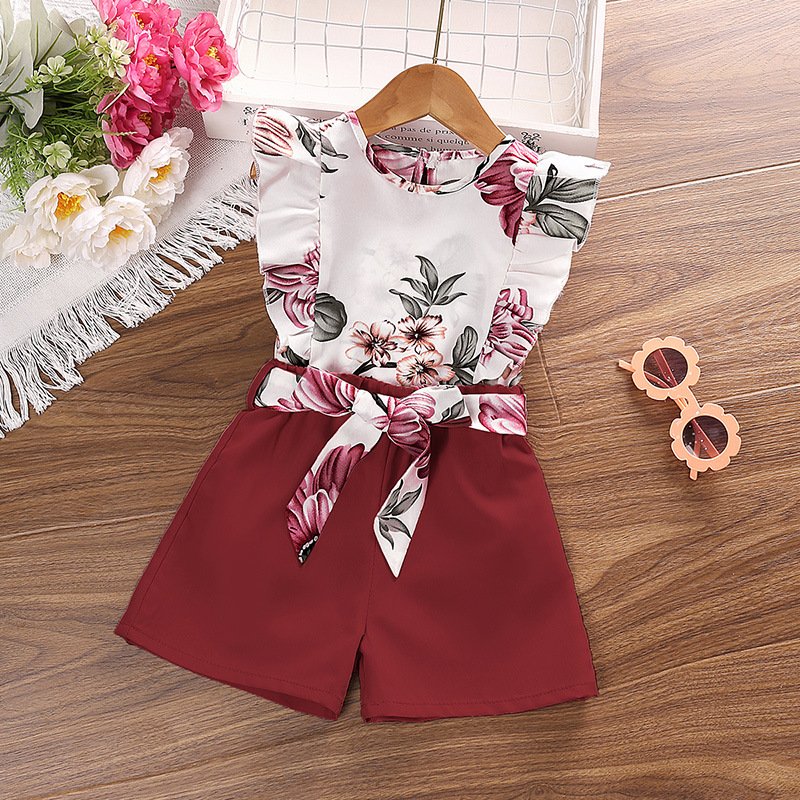 Cross border popular children's clothing 2024 new print hanging neck top and shorts set wholesale