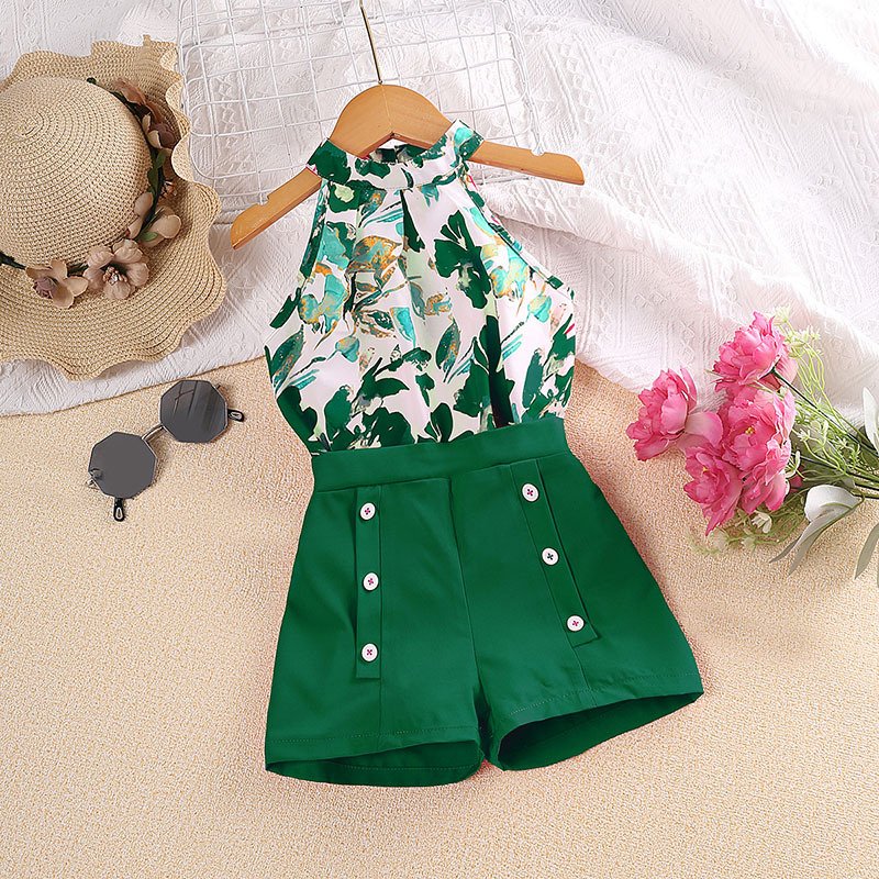 Cross border popular children's clothing 2024 new print hanging neck top and shorts set wholesale