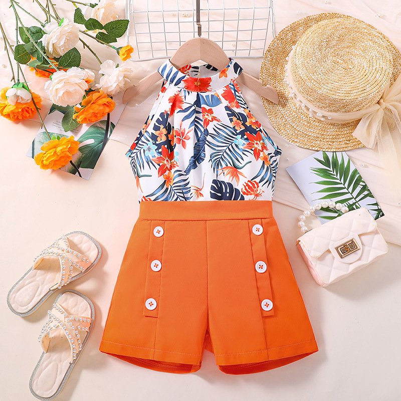 Cross border popular children's clothing 2024 new print hanging neck top and shorts set wholesale