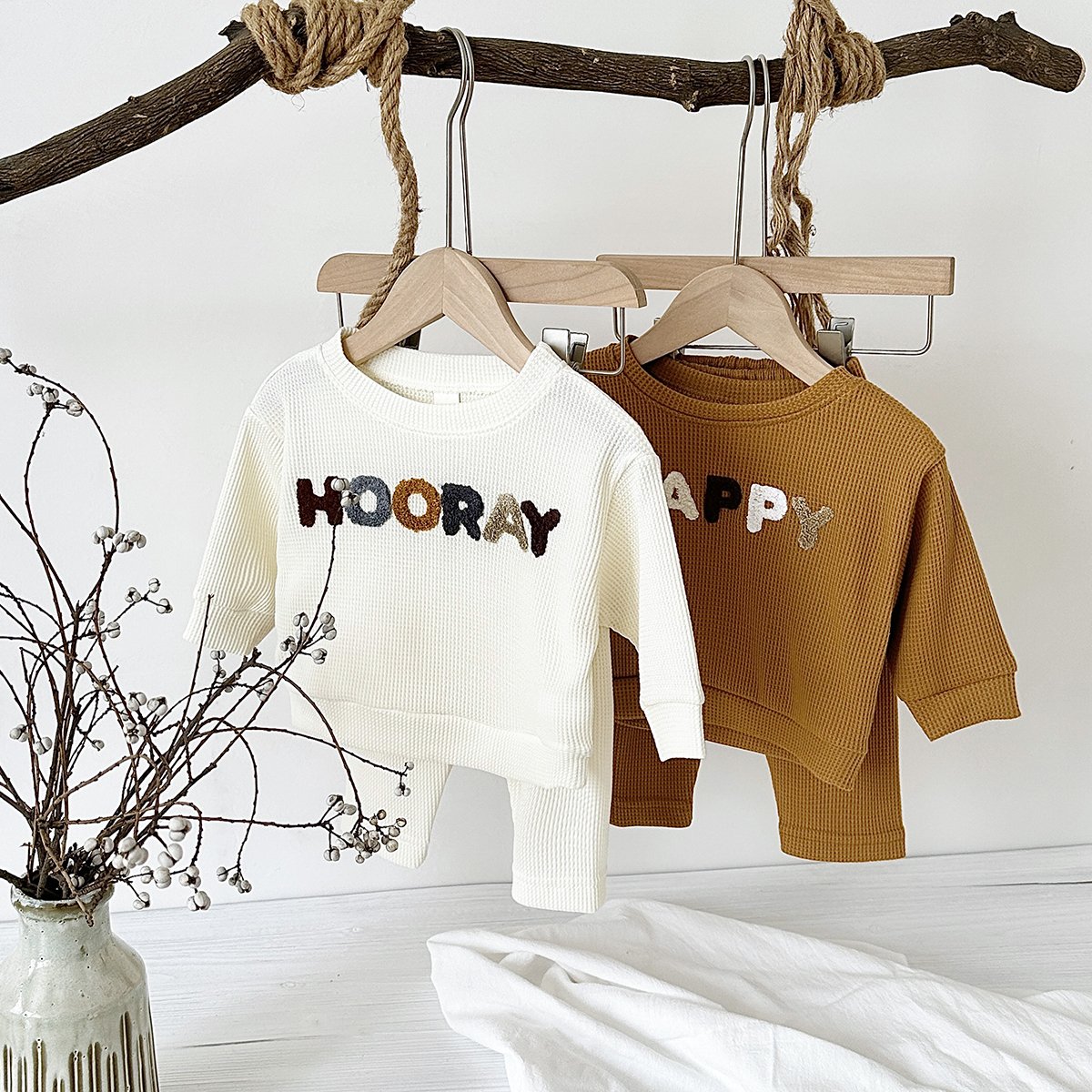 Spring Baby Boys Girls Organic Cotton Waffle Casual Clothes Set Newborn Infant Long Sleeve Top+Pants 2PCS Wholesale