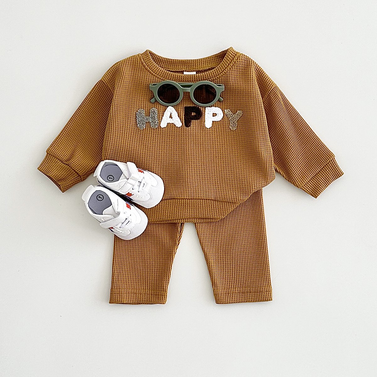Spring Baby Boys Girls Organic Cotton Waffle Casual Clothes Set Newborn Infant Long Sleeve Top+Pants 2PCS Wholesale