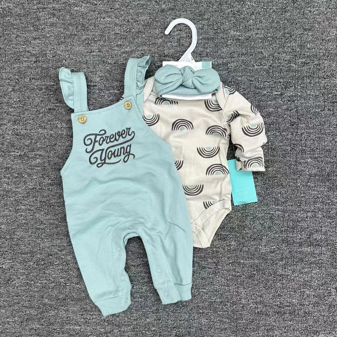Wholesale Onesie Baby Clothes Romper Funny Printing Long Sleeve 100% Organic Combed Cotton Baby Overall Romper 3pieces Set