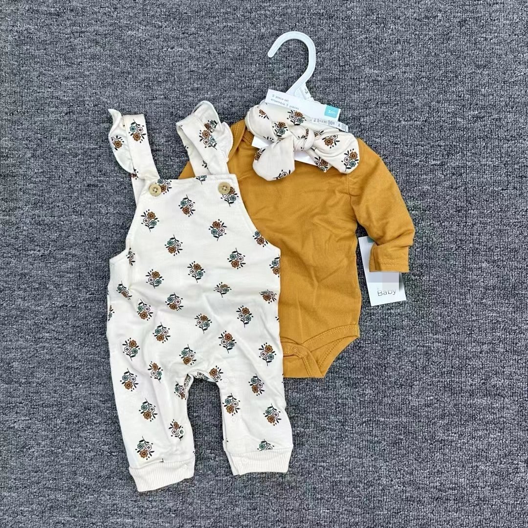 Wholesale Onesie Baby Clothes Romper Funny Printing Long Sleeve 100% Organic Combed Cotton Baby Overall Romper 3pieces Set