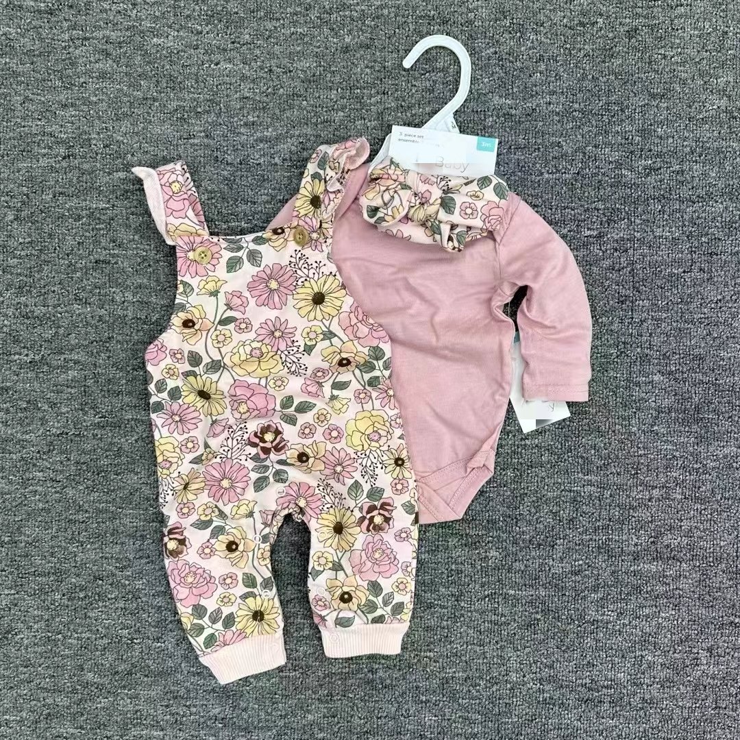 Wholesale Onesie Baby Clothes Romper Funny Printing Long Sleeve 100% Organic Combed Cotton Baby Overall Romper 3pieces Set