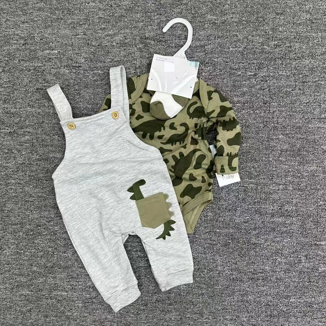 Wholesale Onesie Baby Clothes Romper Funny Printing Long Sleeve 100% Organic Combed Cotton Baby Overall Romper 3pieces Set