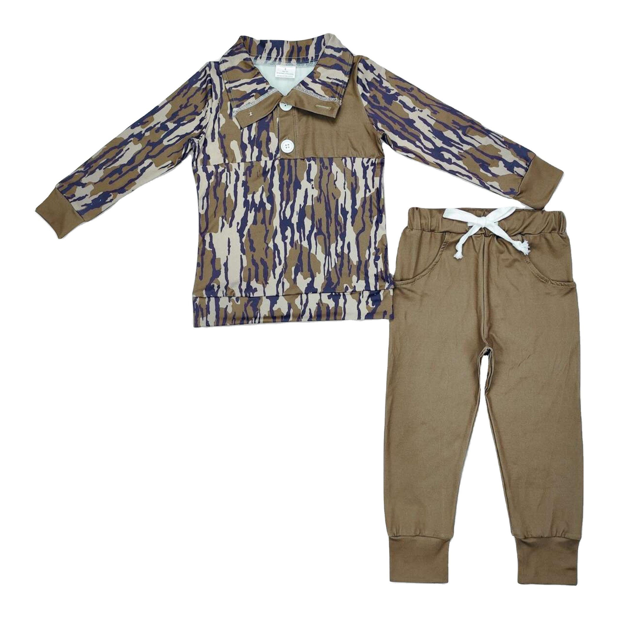 In Stock Brown Zebra-print Long-sleeved Top with Buttons and Plain Brown Pants two-piece suit for Kids boys Clothing Set