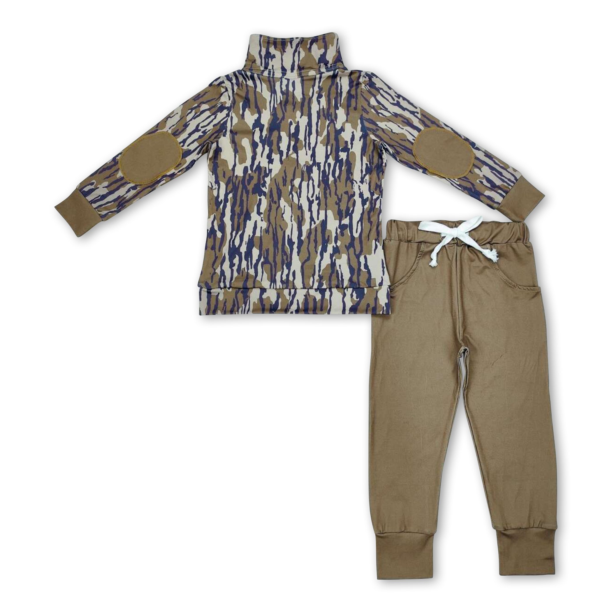 In Stock Brown Zebra-print Long-sleeved Top with Buttons and Plain Brown Pants two-piece suit for Kids boys Clothing Set