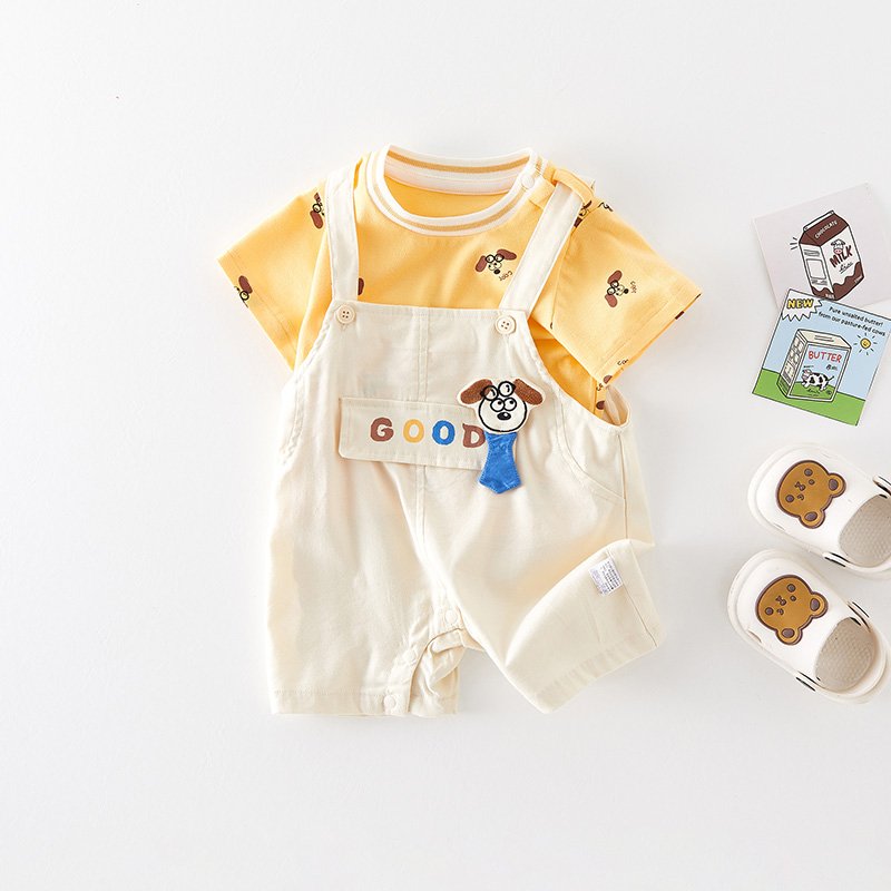 New Style Casual Summer Clothing Set for Toddler Boys Short Sleeve Cartoon T-Shirt Top and Overalls Pants 2-Piece Kids' Outfit