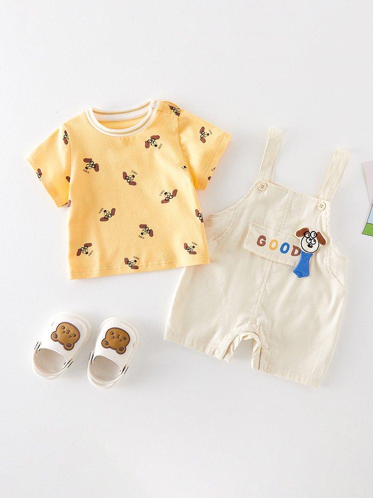 New Style Casual Summer Clothing Set for Toddler Boys Short Sleeve Cartoon T-Shirt Top and Overalls Pants 2-Piece Kids' Outfit