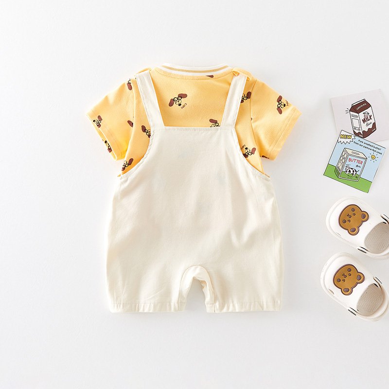 New Style Casual Summer Clothing Set for Toddler Boys Short Sleeve Cartoon T-Shirt Top and Overalls Pants 2-Piece Kids' Outfit