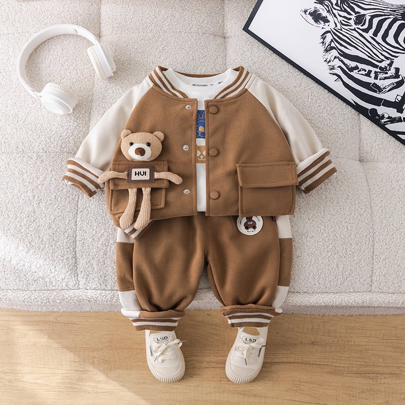 2024 Korean Style Kids Clothing Sets for Boys Includes Jacket T-Shirt Trousers-3 Piece Carton Baseball Suit Big Pocket with Bear