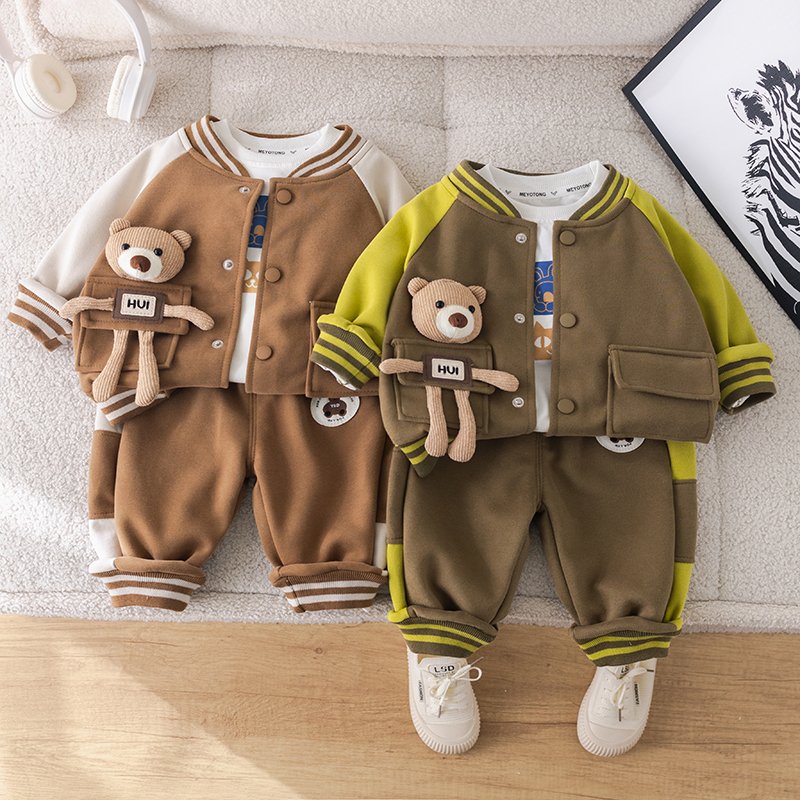 2024 Korean Style Kids Clothing Sets for Boys Includes Jacket T-Shirt Trousers-3 Piece Carton Baseball Suit Big Pocket with Bear