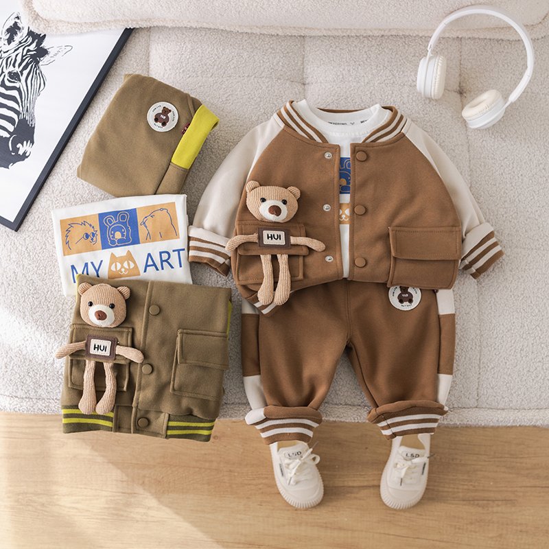 2024 Korean Style Kids Clothing Sets for Boys Includes Jacket T-Shirt Trousers-3 Piece Carton Baseball Suit Big Pocket with Bear
