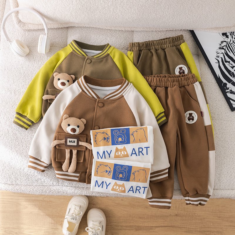 2024 Korean Style Kids Clothing Sets for Boys Includes Jacket T-Shirt Trousers-3 Piece Carton Baseball Suit Big Pocket with Bear