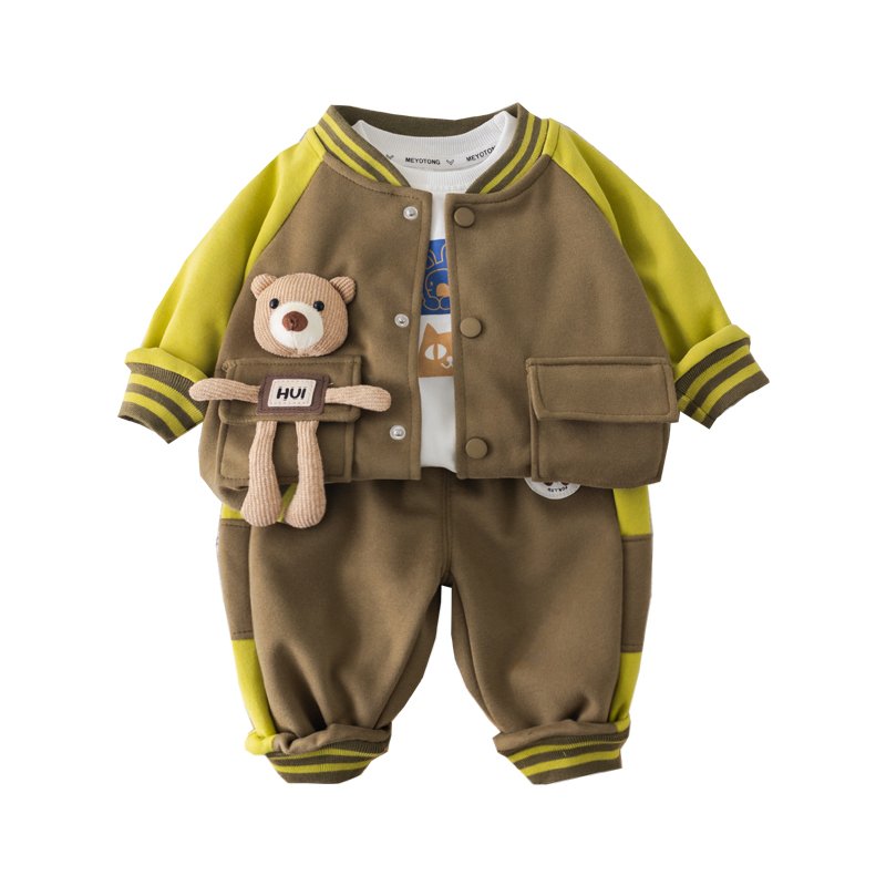 2024 Korean Style Kids Clothing Sets for Boys Includes Jacket T-Shirt Trousers-3 Piece Carton Baseball Suit Big Pocket with Bear