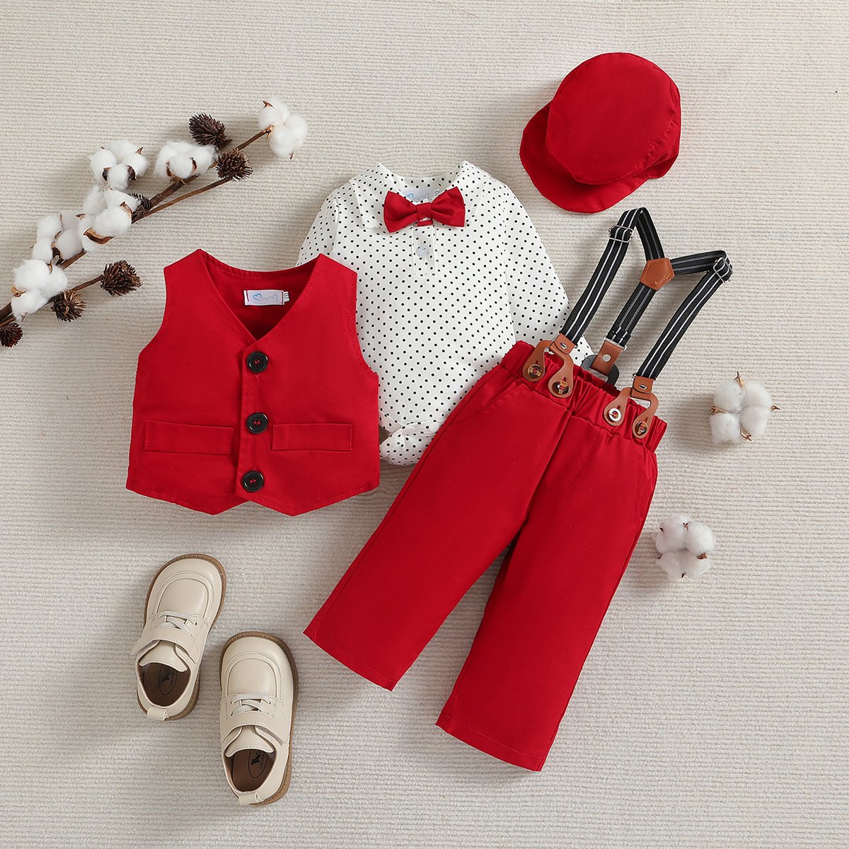 Kids Boys Gentlemen Clothing Sets Newborn Boys Dot Romper Vest Pants Hat 4pcs Birthday Party Clothing Set