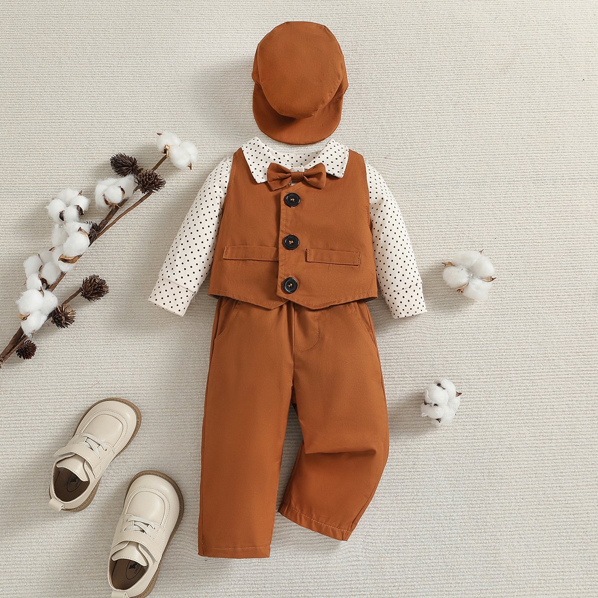 Kids Boys Gentlemen Clothing Sets Newborn Boys Dot Romper Vest Pants Hat 4pcs Birthday Party Clothing Set