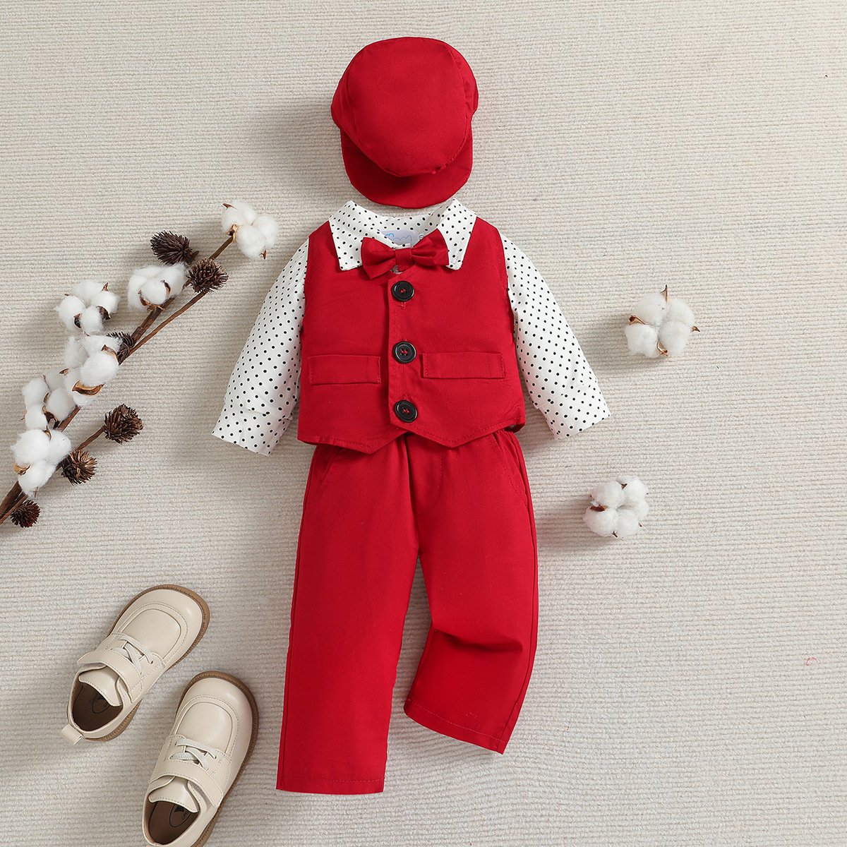 Kids Boys Gentlemen Clothing Sets Newborn Boys Dot Romper Vest Pants Hat 4pcs Birthday Party Clothing Set