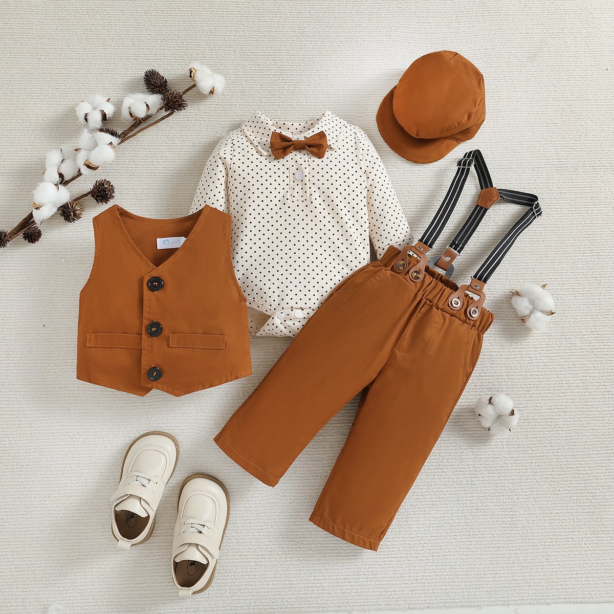 Kids Boys Gentlemen Clothing Sets Newborn Boys Dot Romper Vest Pants Hat 4pcs Birthday Party Clothing Set