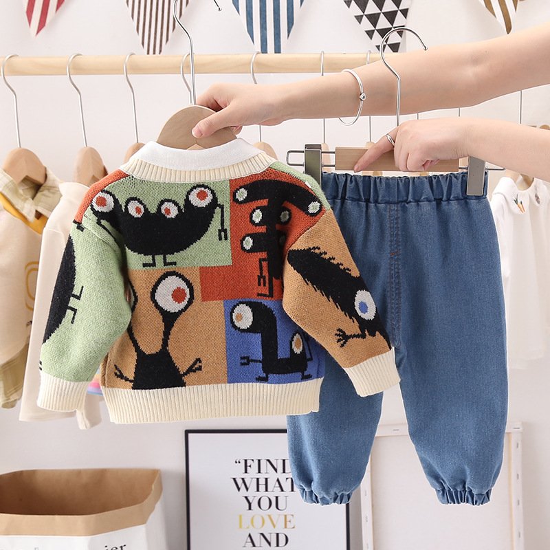 Wholesale Winter Warm Kids Knitted Cardigan Denim Pants 3 Pieces Clothing