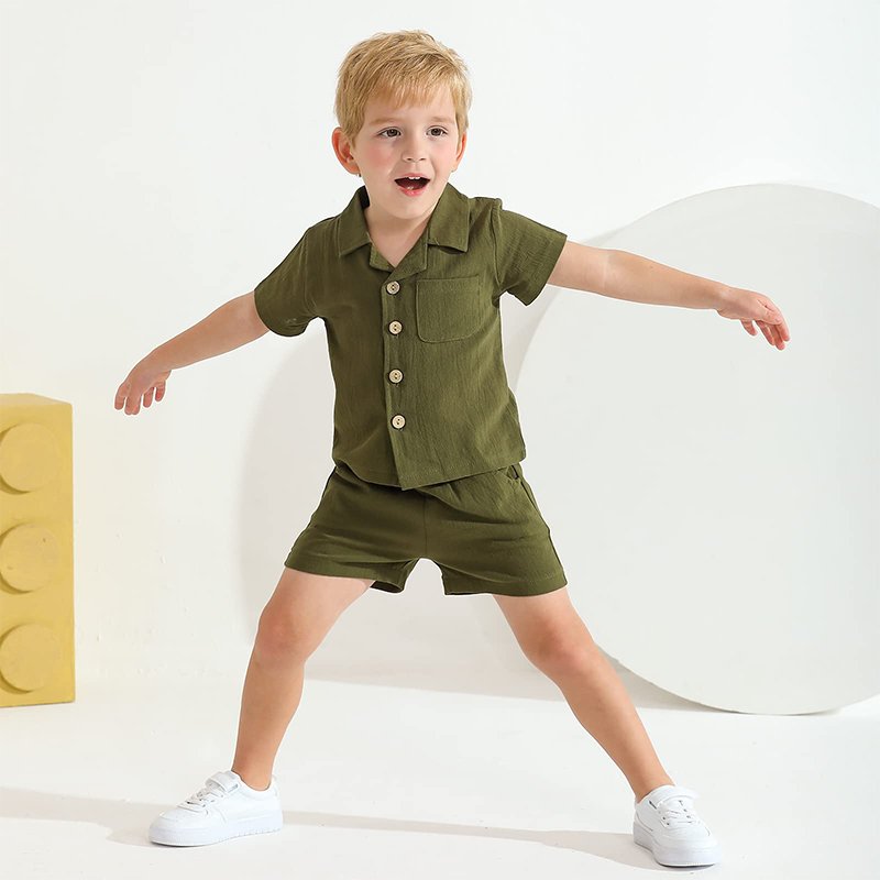 Organic linen set boys toddler customize eco friendly toddler sets two piece wholesale short sleeve toddler clothing sets