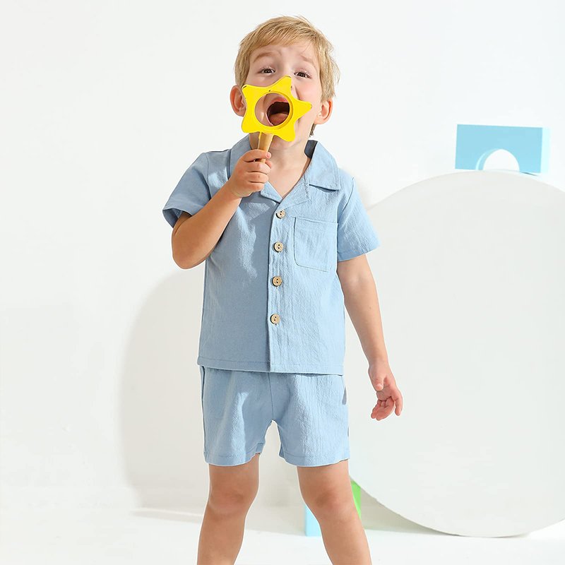 Organic linen set boys toddler customize eco friendly toddler sets two piece wholesale short sleeve toddler clothing sets