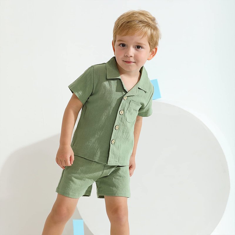 Organic linen set boys toddler customize eco friendly toddler sets two piece wholesale short sleeve toddler clothing sets