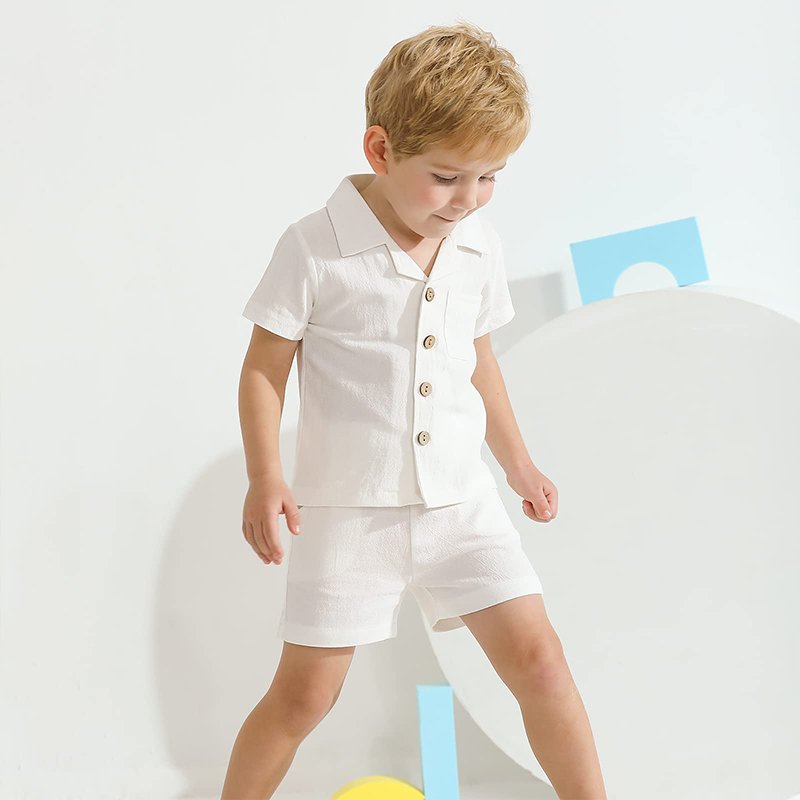 Organic linen set boys toddler customize eco friendly toddler sets two piece wholesale short sleeve toddler clothing sets