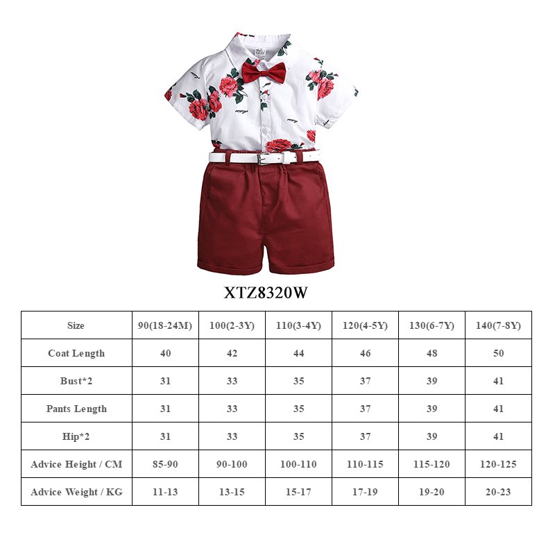 Floral Shirts with bow + Red Pants + belt Handsome kids clothing 3 pcs summer boys clothing set wholesale