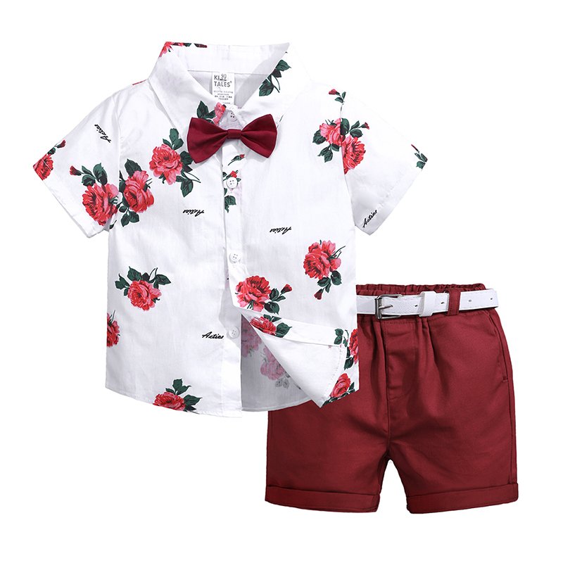 Floral Shirts with bow + Red Pants + belt Handsome kids clothing 3 pcs summer boys clothing set wholesale