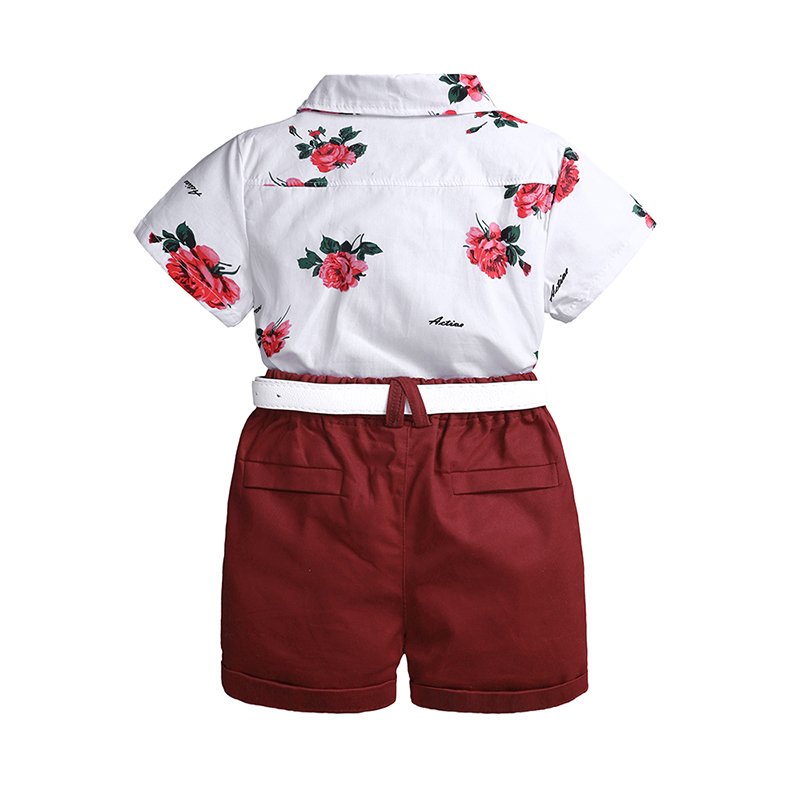 Floral Shirts with bow + Red Pants + belt Handsome kids clothing 3 pcs summer boys clothing set wholesale