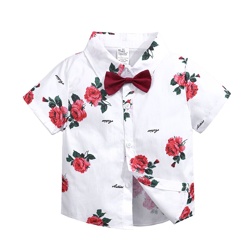 Floral Shirts with bow + Red Pants + belt Handsome kids clothing 3 pcs summer boys clothing set wholesale