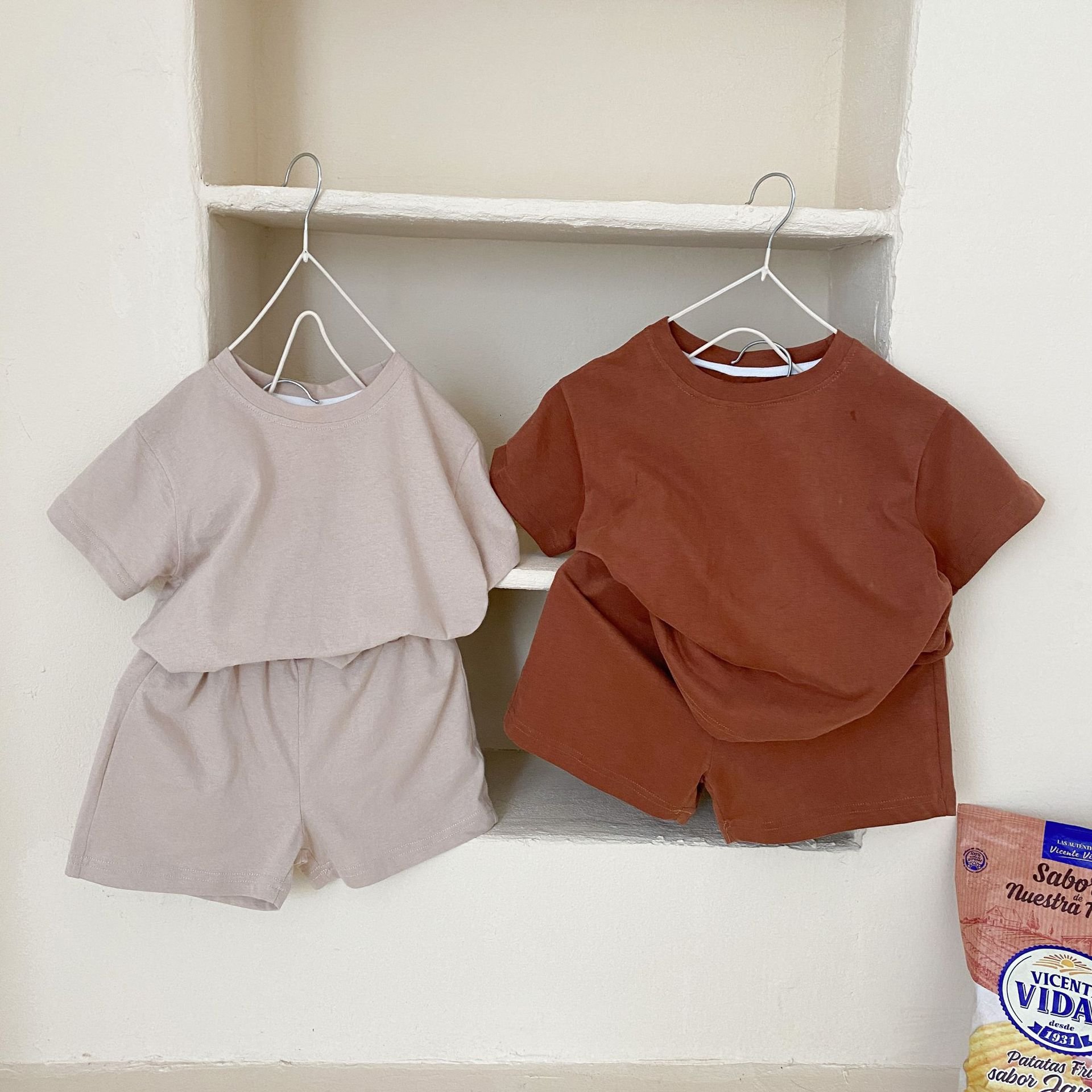 Summer ins online store hot sale latest kids 2pcs clothing toddler baby handsome boy 100% cotton custom solid short sleeve set